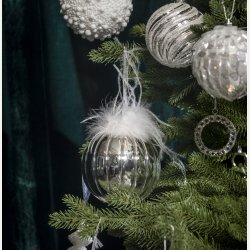 Julekule med hvit fjr D10 cm silver